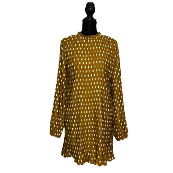 Lulus Mustard Yellow Polka Dot Long Sleeve Flowy Shift Dress (Womens S) - Picture 4 of 11